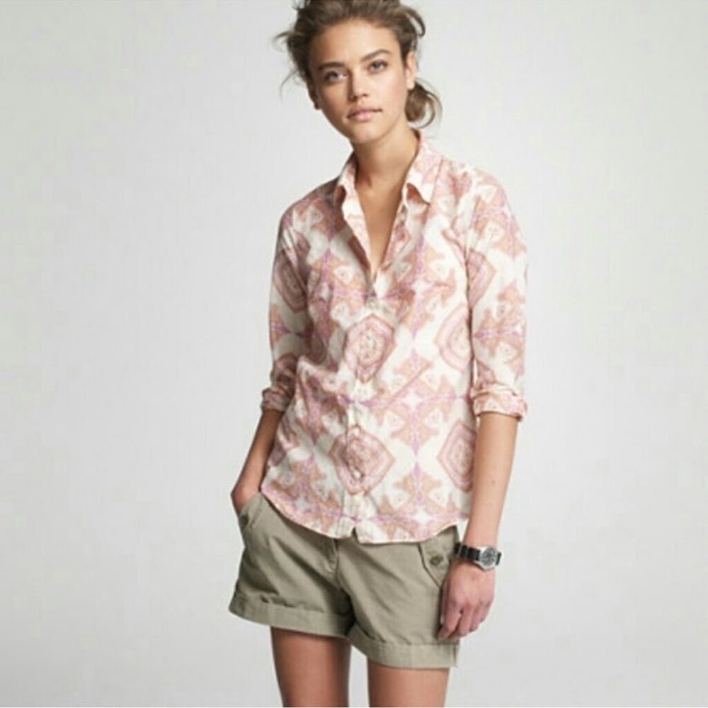 J. Crew S Ivory Coral Purple Jaipur Long Sleeve Button Front The Perfect Shirt
